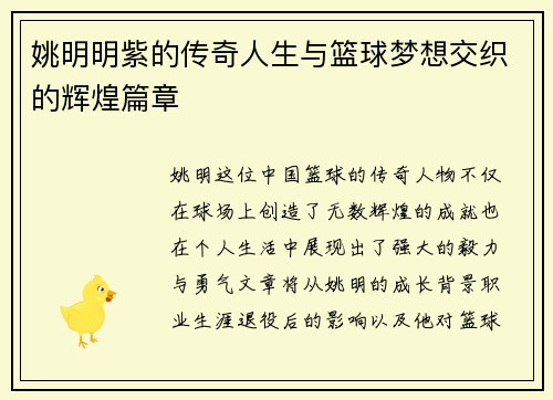 姚明明紫的传奇人生与篮球梦想交织的辉煌篇章
